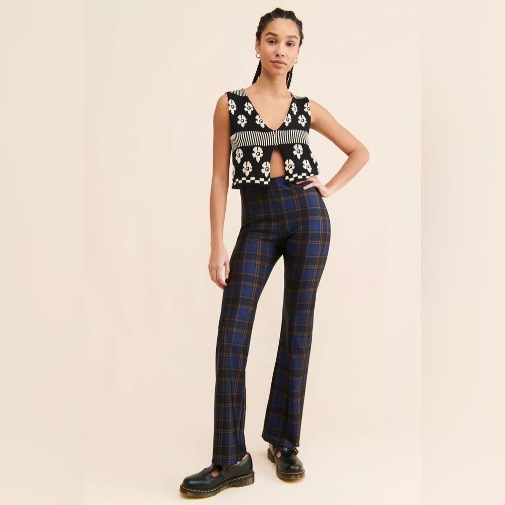 Good American Blue Plaid Boot Cut Pants